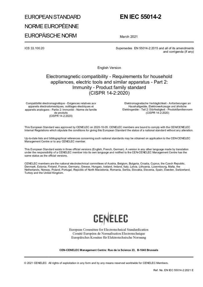 EN IEC 55014-2:2021家用電器、電動工具和類似器具的電磁兼容要求第2 部分:抗擾度