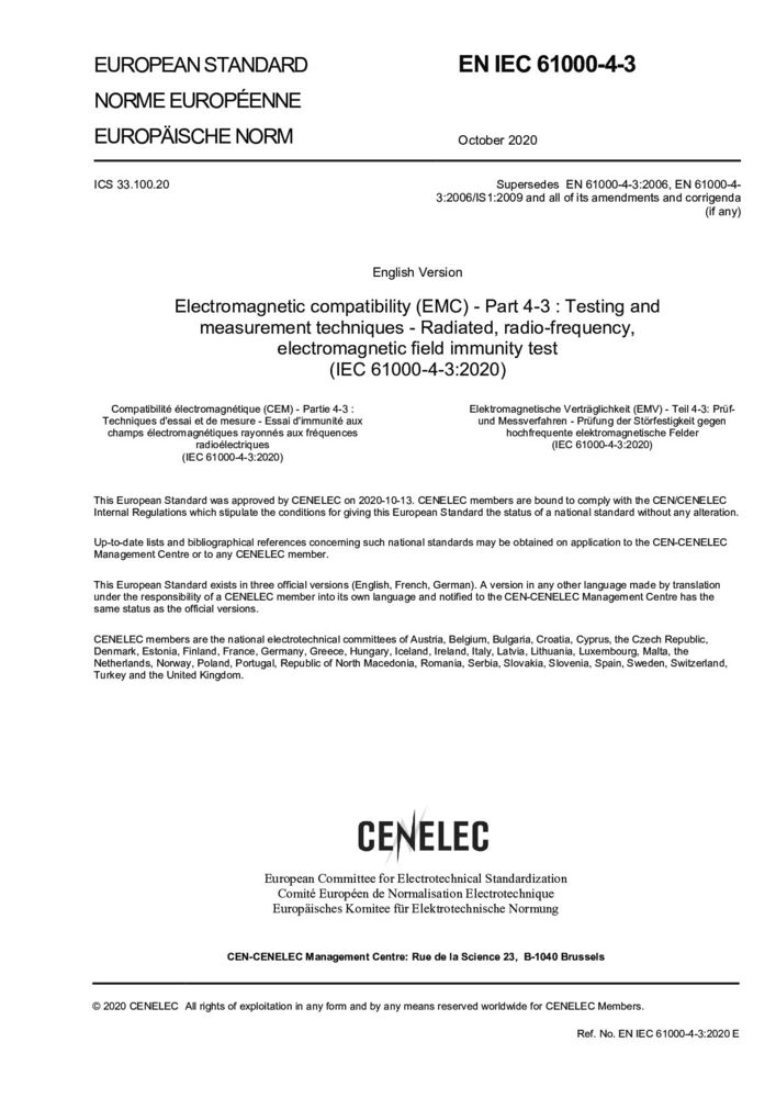 EN IEC 61000-4-3:2020電磁兼容 試驗和測量技術 射頻電磁場輻射抗擾度試驗