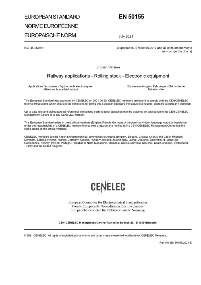 EN 50155:2021鐵路設施 鐵道車輛 電子裝置