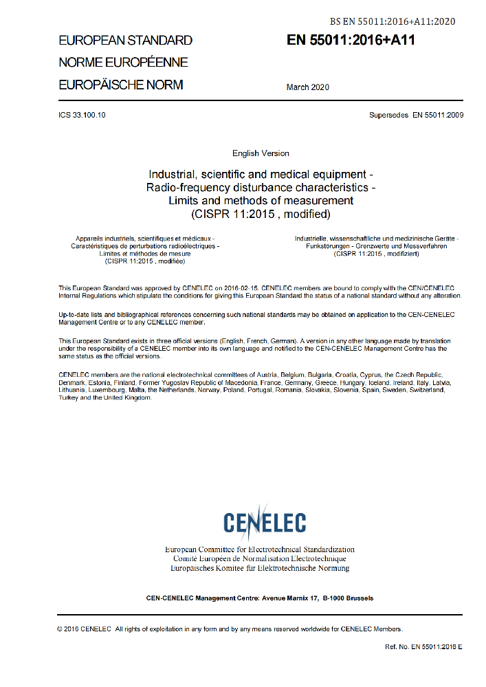 EN 55011:2016+A11:2020工業、科學和醫療(ISM)射頻設備 騷擾特性 限值和測量方法