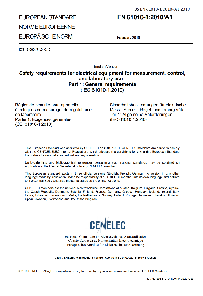 EN 61010-1:2010+A1:2019測量,控制及實驗室用電氣設備的安全要求第一部分.通用要求