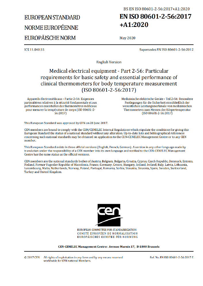 EN ISO 80601-2-56: 2017+A1:2020醫用電氣設備第2-56部分：體溫測量用臨床溫度計的基本安全和基本性能的專用要求