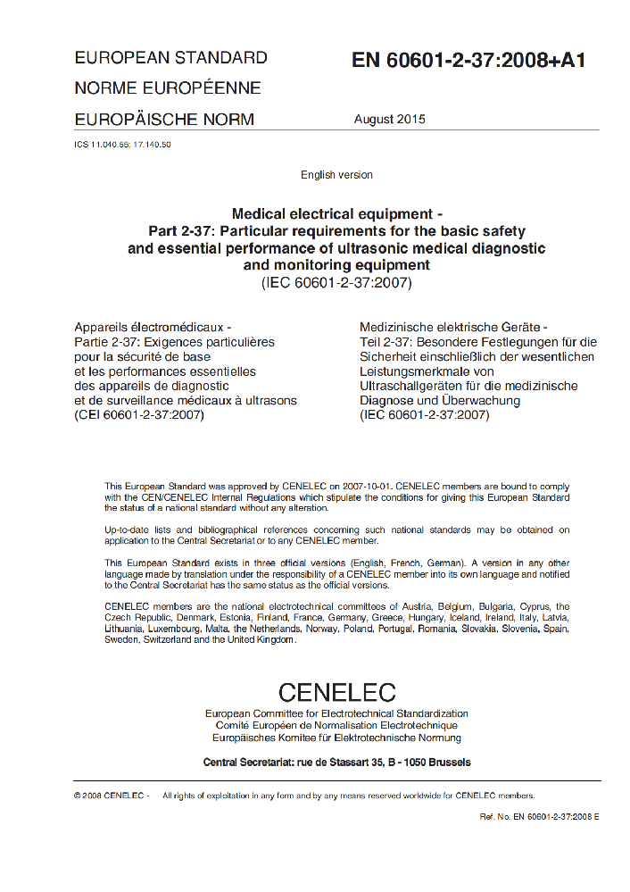 EN 60601-2-37: 2008+A1:2015醫用電氣設備 第2-37部分：專用要求：超聲診斷和監護設備的安全和基本性能